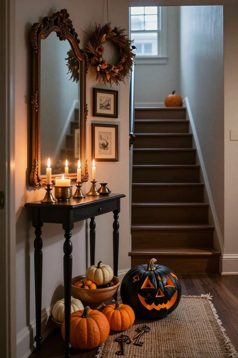 Dark wood console table in a gray-walled entryway holding brass candlesticks with lit candles, a brass bowl of mixed small pumpkins, and brass ornaments, with larger pumpkins and a carved black jack-o-lantern on the floor nearby, ornate gold mirror and stairs in the background.