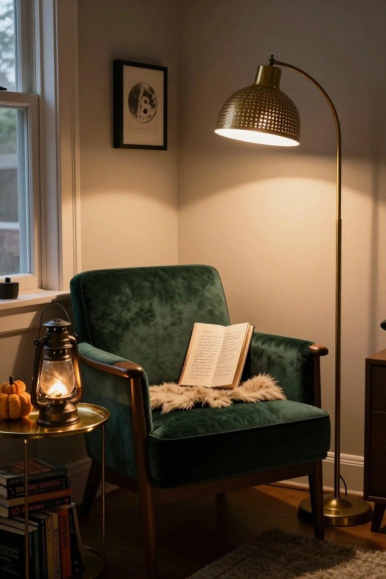 Green velvet armchair in a room corner holding an open book and fur throw, with a lit lantern and pumpkin on a gold side table, stacks of books below, tall gold lamp nearby, and moon print on wall.