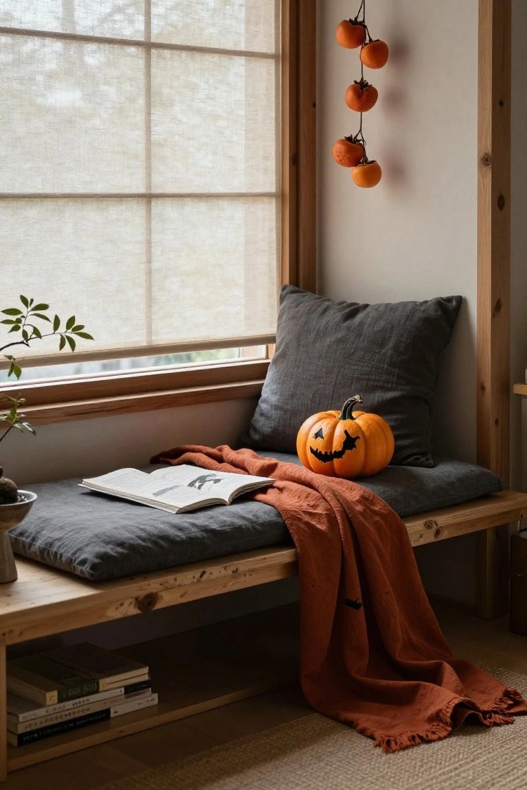 Wooden window bench with gray cushions and pillows, orange throw blanket, open book, jack-o-lantern pumpkin, potted plant, hanging persimmons, and bookshelves below in a room with shoji screens and wood trim.