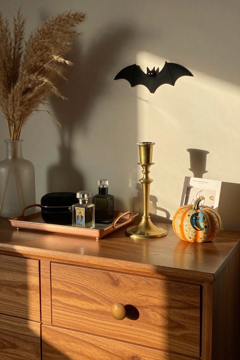 Wooden dresser topped with copper tray holding perfume bottles, black velvet box, and striped pumpkin next to brass candlestick, with pampas grass in glass vase, bat wall decal, and card nearby in sunlit room.