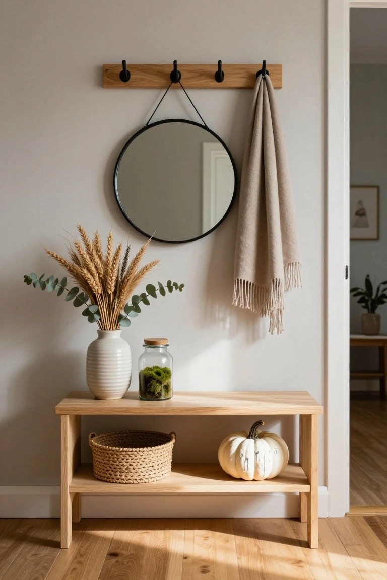 Light wood bench in a beige entryway holds a wicker basket and white pumpkin, next to a white vase of wheat and eucalyptus, glass jar with moss, round black mirror, and oak coat rack with beige scarf.