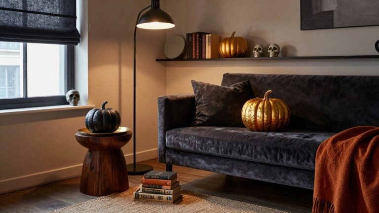 Dark gray living room featuring black velvet L-shaped sofa with orange pillows and throw blanket, wooden coffee table holding white skull, black pumpkin, and books on gold tray, gold pumpkins on wall shelf, floor lamp, and windows with black blinds.