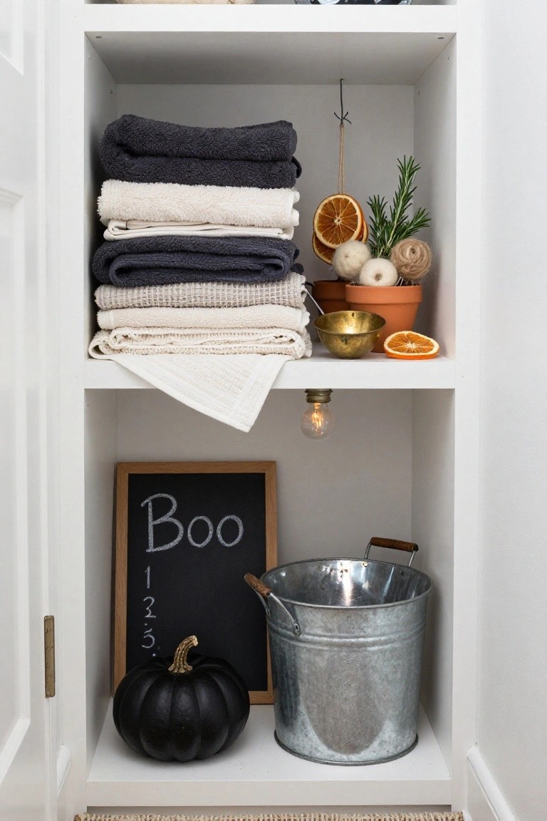 Open white cabinet with upper shelf holding stacked towels in gray, white, and beige, dried oranges, rosemary sprigs, small pots, and brass bowl; lower shelf with draped white towel, black pumpkin, 