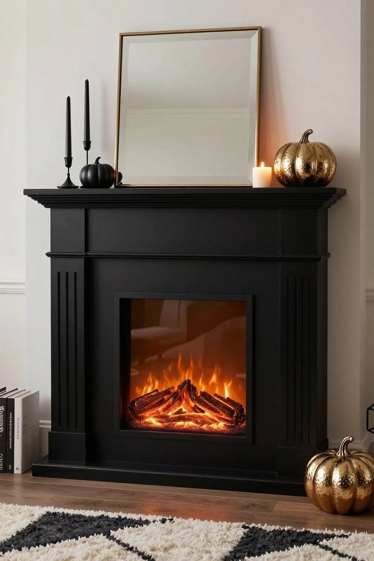 Black wood fireplace mantel with electric flame effect inside, topped by gold-framed mirror, black candlesticks with tapers, black pumpkin, gold pumpkin and candle, next to white wall with books on floor and patterned rug.