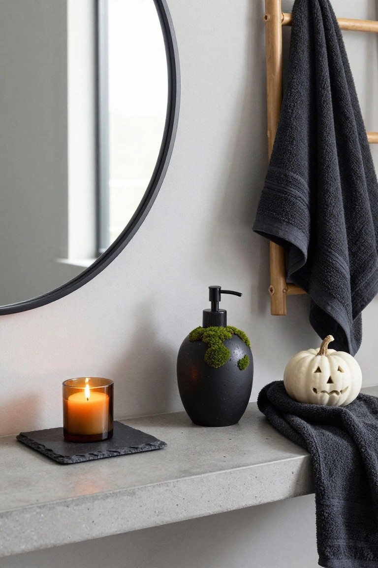 Bathroom shelf displaying a lit amber candle on slate, black moss-covered vase, small white jack-o-lantern pumpkin, black soap dispenser, dark towel draped over bamboo rack, and round black mirror nearby.