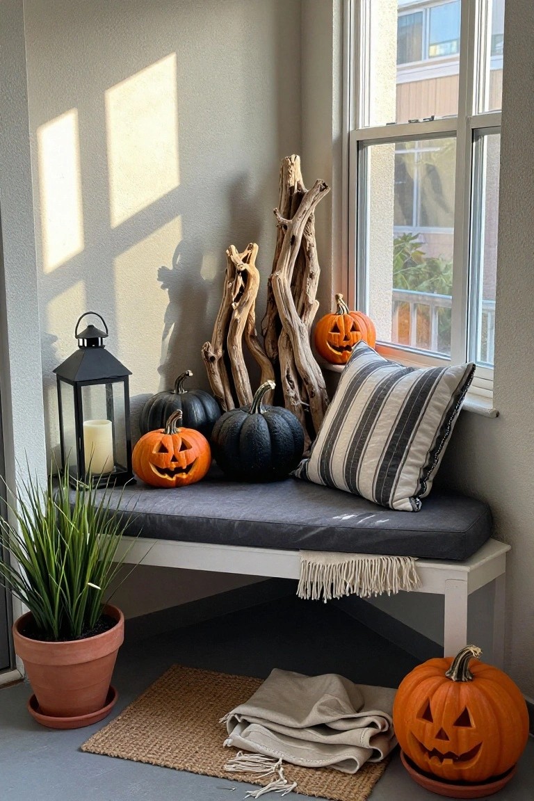 Corner window bench with gray cushion, striped pillow, orange and black carved pumpkins, smaller black pumpkins, driftwood branches, black lantern with candle, potted grass plant, beige throw, and seagrass rug on tiled floor.