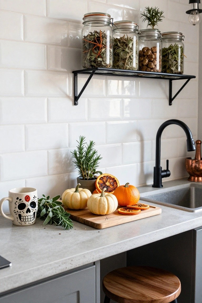 Kitchen counter displaying white pumpkins, orange slices, sugar skull mug, fresh herbs, wooden cutting board, black faucet and sink, white subway tile wall, jars of dried herbs and nuts on black metal shelf above, gray cabinets below.