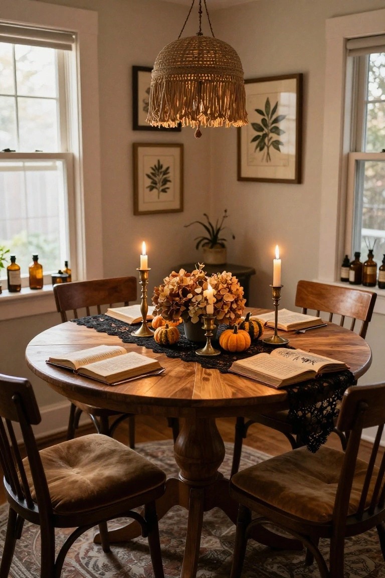 Round wooden dining table in a cozy room corner, set with black lace runner, candles, dried hydrangea bouquet, small pumpkins, open books, and brass candlesticks, surrounded by wooden chairs and Halloween apothecary bottles on windowsills.