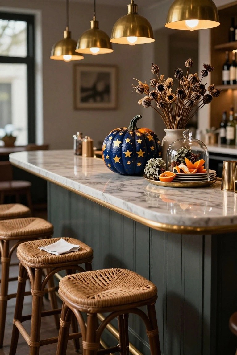 Blue pumpkin with gold stars on a white marble bar counter edged in gold, flanked by rattan barstools, dried flowers in a vase, orange slices under a glass dome, brass pendant lights overhead, and green lower cabinets.