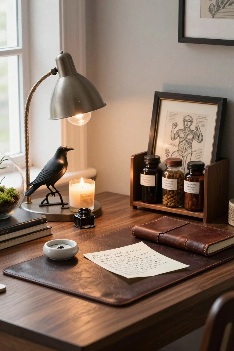 Wooden desk with leather blotter, handwritten note, leather journal, inkwell, white bowl, candle, raven statue, apothecary bottles on wooden rack, anatomical drawing on wall, desk lamp, and window in background.