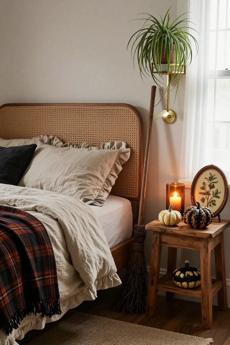 Bedroom corner with rattan headboard bed draped in beige linens and red plaid throw, wooden nightstand holding small white pumpkin, black-and-orange pumpkin, lit glass candle, and leaning broomstick, oval botanical frame, hanging potted plant, and sheer window curtain.