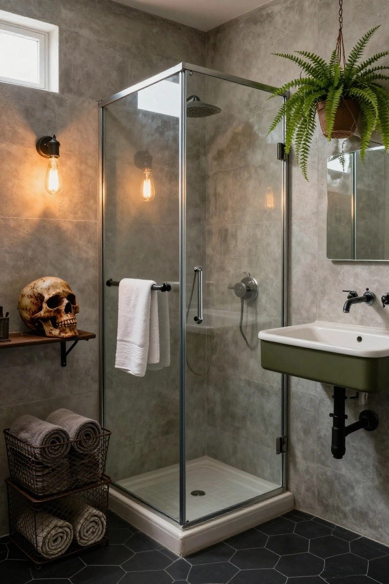 Corner bathroom with gray concrete-look walls, glass shower enclosure, green ceramic sink, hanging plants, exposed bulb wall lights, white towel on shower bar, stacked gray towels in wire baskets, and a faux skull on a wooden wall shelf.