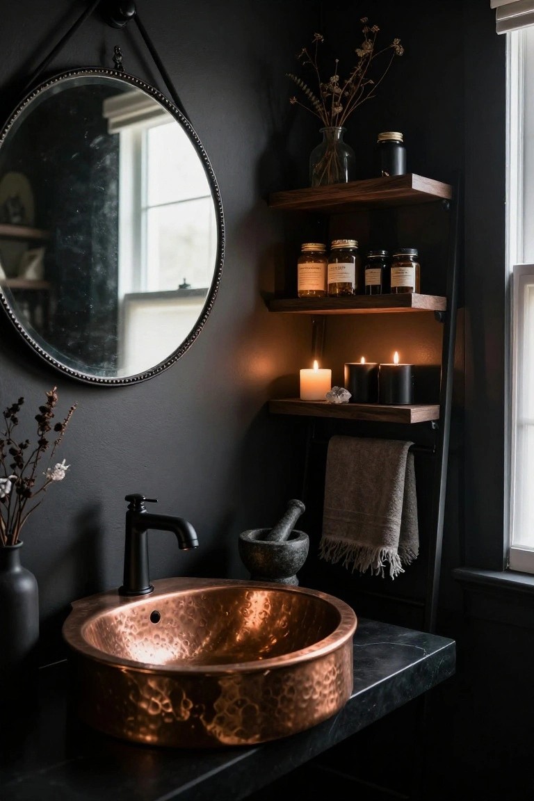 Dark bathroom corner with hammered copper vessel sink on black marble countertop, round beaded mirror hanging on wall, wooden shelves on black metal rack holding glass jars, candles, mortar and pestle, dried flowers, and gray towel.
