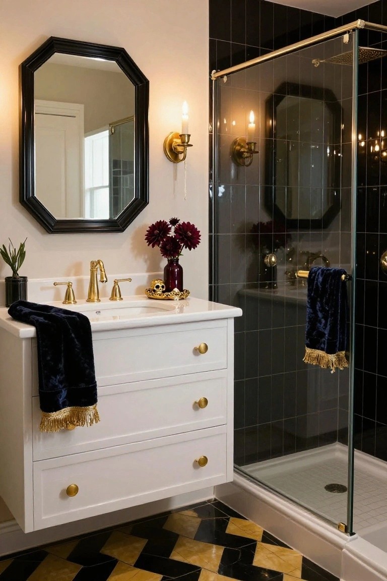 A bathroom with white floating vanity, gold faucet and knobs, black octagonal mirror, black subway tile shower enclosure with gold frame, gold skull tray with dark dahlias, navy velvet towels with gold fringe, wall sconces, and black-and-gold harlequin floor tiles.