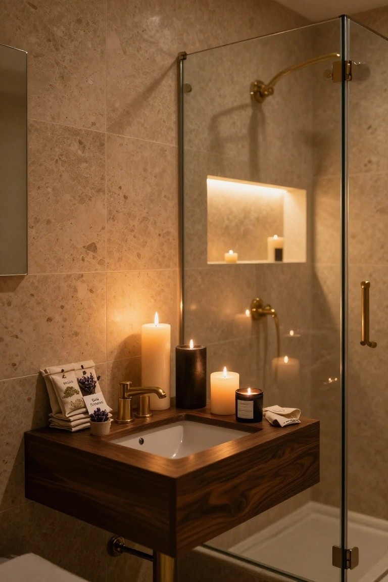 Beige stone-tiled bathroom with glass shower enclosure, wooden floating vanity, brass fixtures, multiple lit candles on surfaces and in wall niches, and small lavender plants and towels nearby.