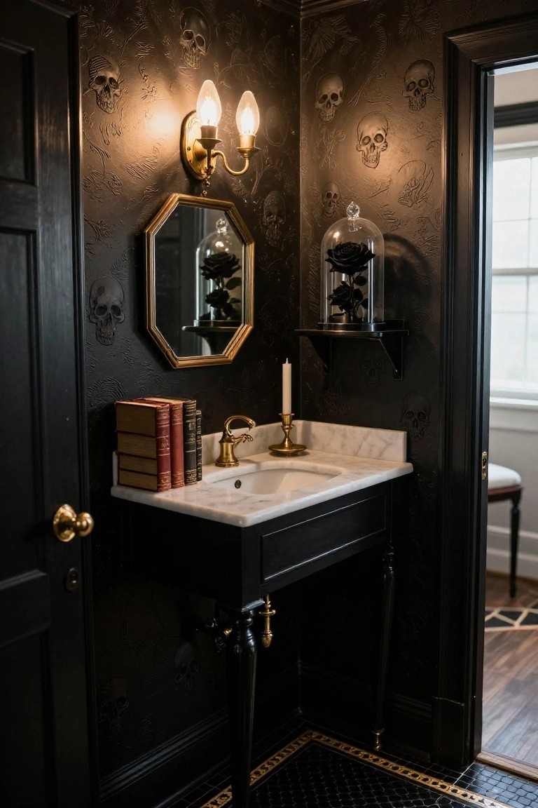 Corner of a black bathroom with embossed skull-pattern wallpaper, gold octagonal mirror above marble sink on black vanity with brass faucet, glass-domed black rose on shelf, candle, books, and wall sconces.