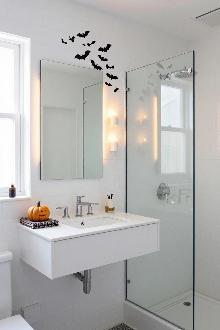 White-tiled bathroom with black bat stickers on walls, orange jack-o-lantern pumpkin on vanity next to sink, glass shower enclosure, and wall lights.