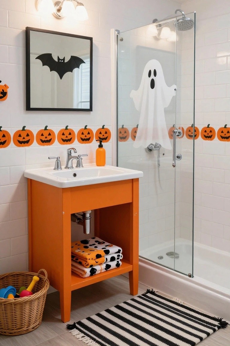 A white bathroom decorated for Halloween with orange pumpkin stickers along the tiled walls, a black bat decal on the mirror, a white ghost sticker on the glass shower door, an orange vanity under the sink, and a black-and-white striped rug on the floor.