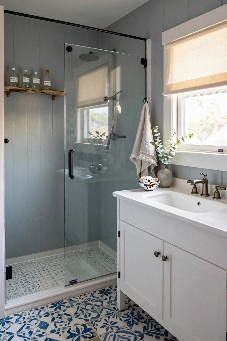 Gray shiplap-walled bathroom with frameless glass shower, white shaker-style vanity, blue floral tile floor, driftwood shelf holding labeled glass bottles, gray towel on shower rail, eucalyptus sprig, and white bowl with orange pumpkin face design on sink countertop.