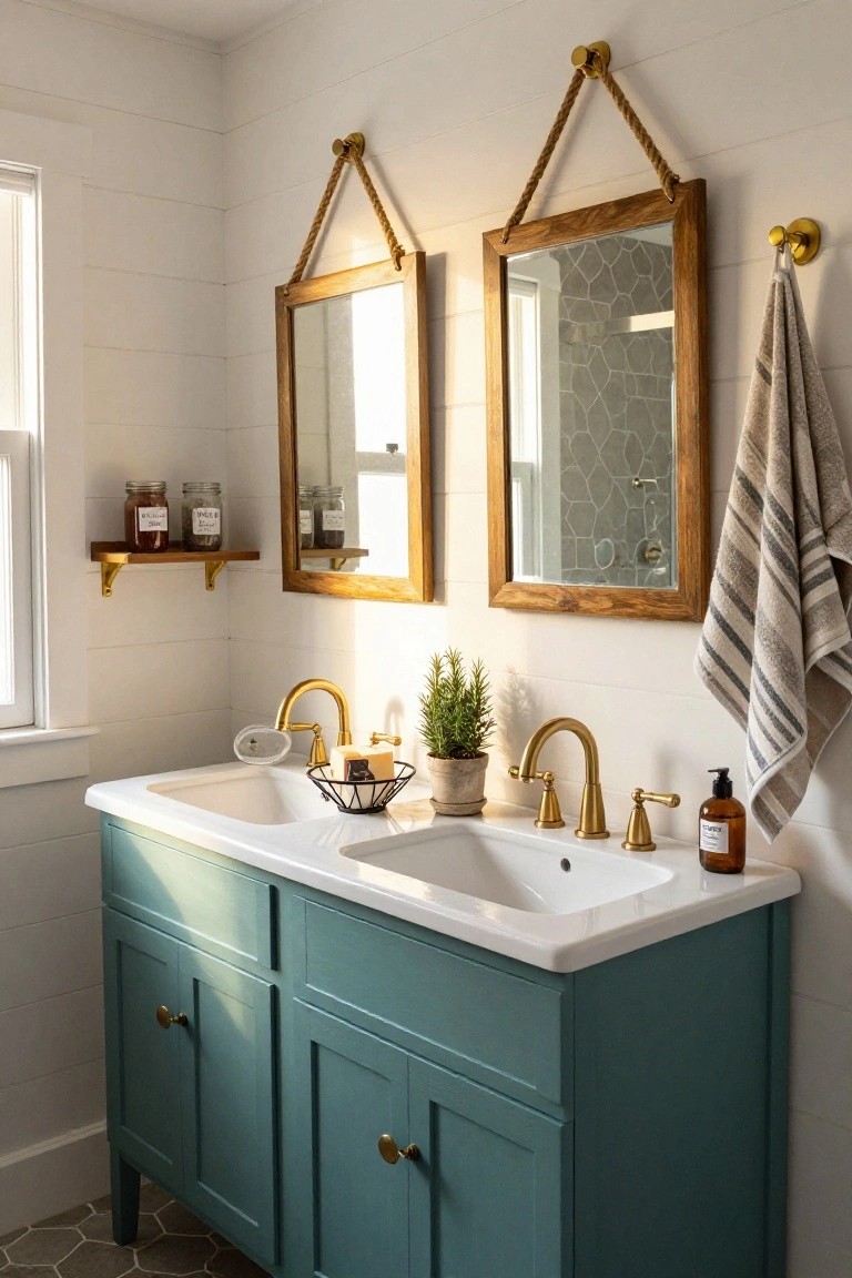 Cozy bathroom featuring a teal double vanity with white sinks and gold faucets, flanked by two round wood-framed mirrors hung on ropes, shiplap walls, and a floating shelf holding two labeled mason jars near the window.
