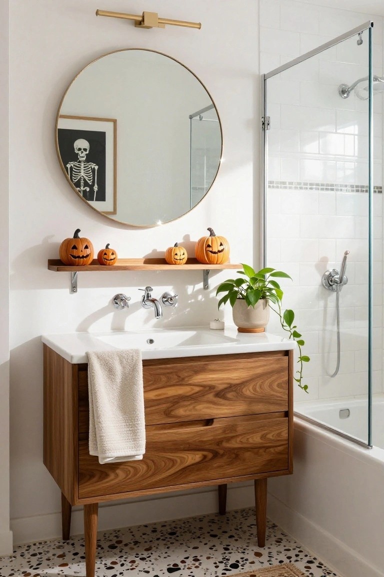 Modern bathroom vanity with wooden cabinet, white sink, round gold mirror over it reflecting black skeleton artwork, floating wooden shelf holding three small orange jack-o-lantern pumpkins, potted green plant on counter, glass shower enclosure nearby, white tiled walls, terrazzo floor.