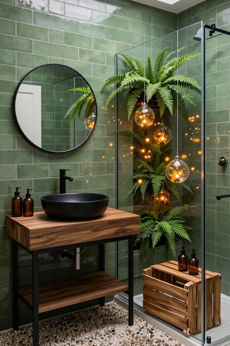 Green tiled bathroom featuring a wooden vanity with black sink, round black-framed mirror, glass shower enclosure with ferns and multiple hanging illuminated glass orbs, pebble stone floor.