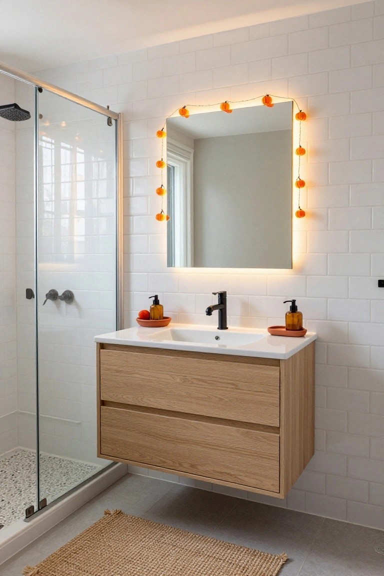 Pumpkin String Lights Around the Mirror