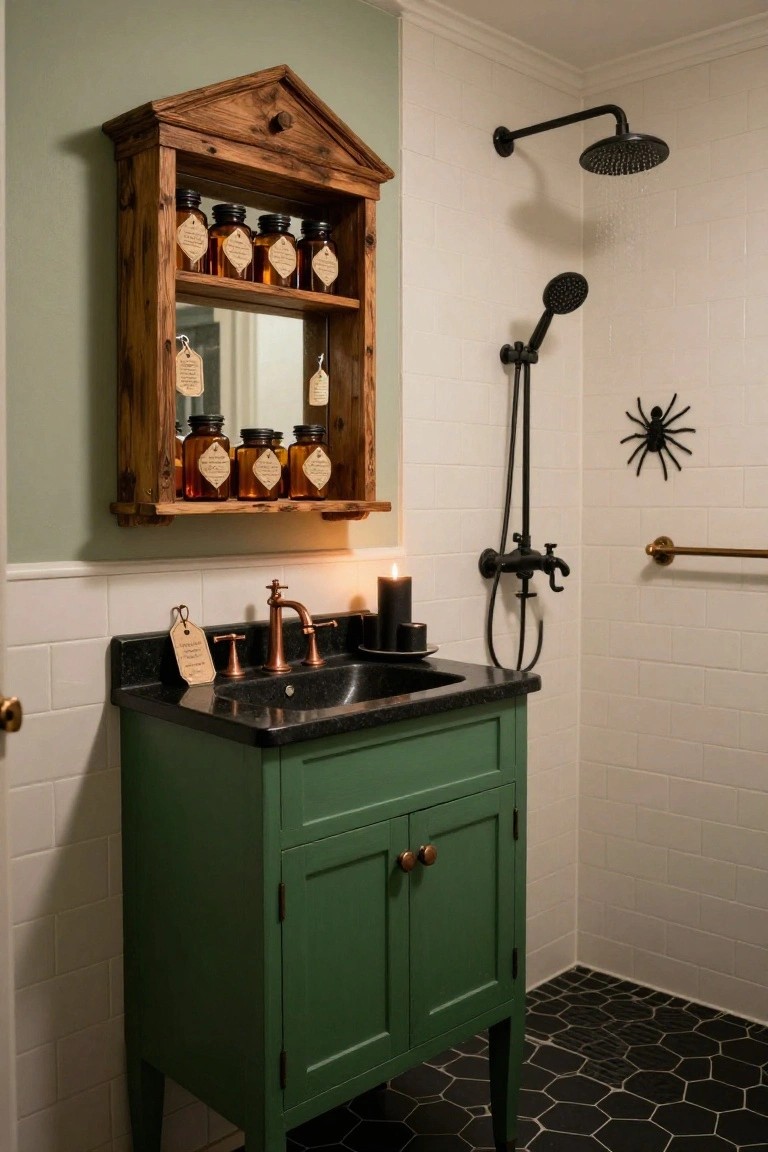 Bathroom with green wooden vanity and black granite sink under a rustic wooden framed mirror cabinet shelving amber glass jars with paper labels, copper faucet, white subway tile walls, black hex tile floor, black shower fixtures, and spider web wall decal.