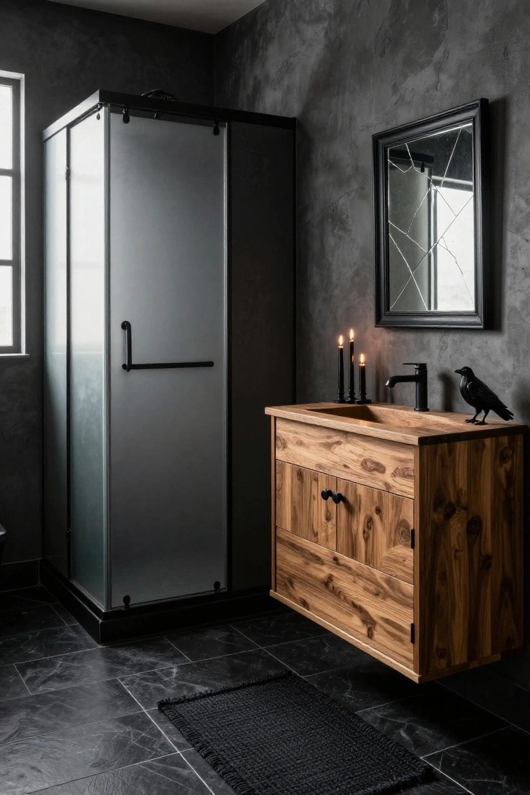 Dark gray textured walls in a bathroom with black metal shower enclosure, wooden vanity cabinet with integrated sink and black faucet, black-framed cracked mirror above, black candles, raven statue on vanity, black tile floor, and black woven rug.