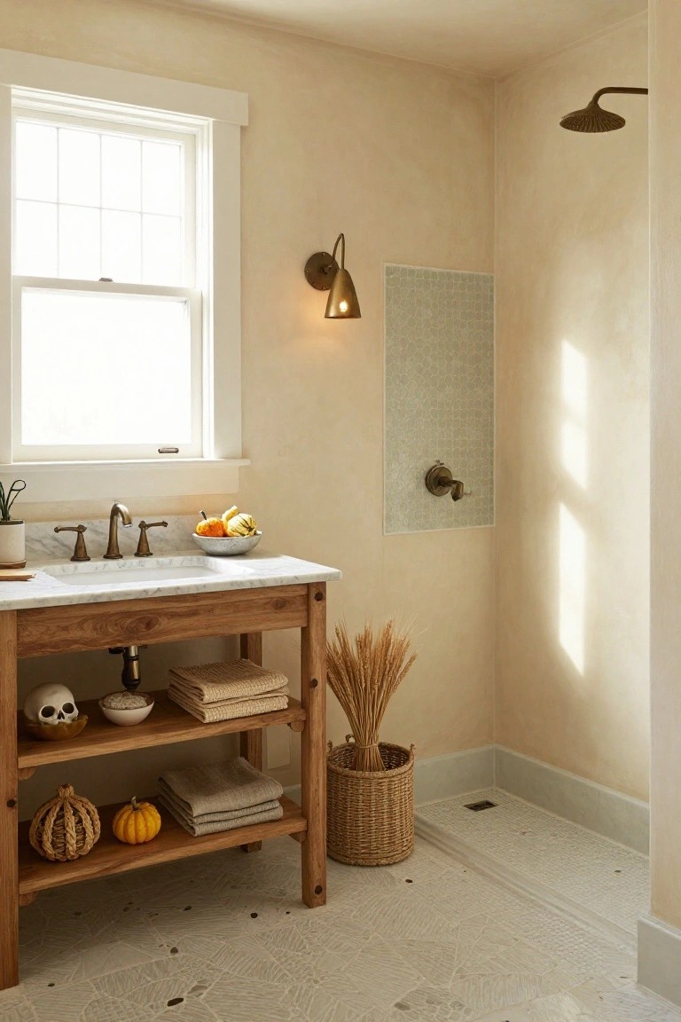 Bathroom with beige walls, wooden vanity under marble sink holding white skull, pumpkins, towels, and baskets on shelves, next to walk-in shower and window.