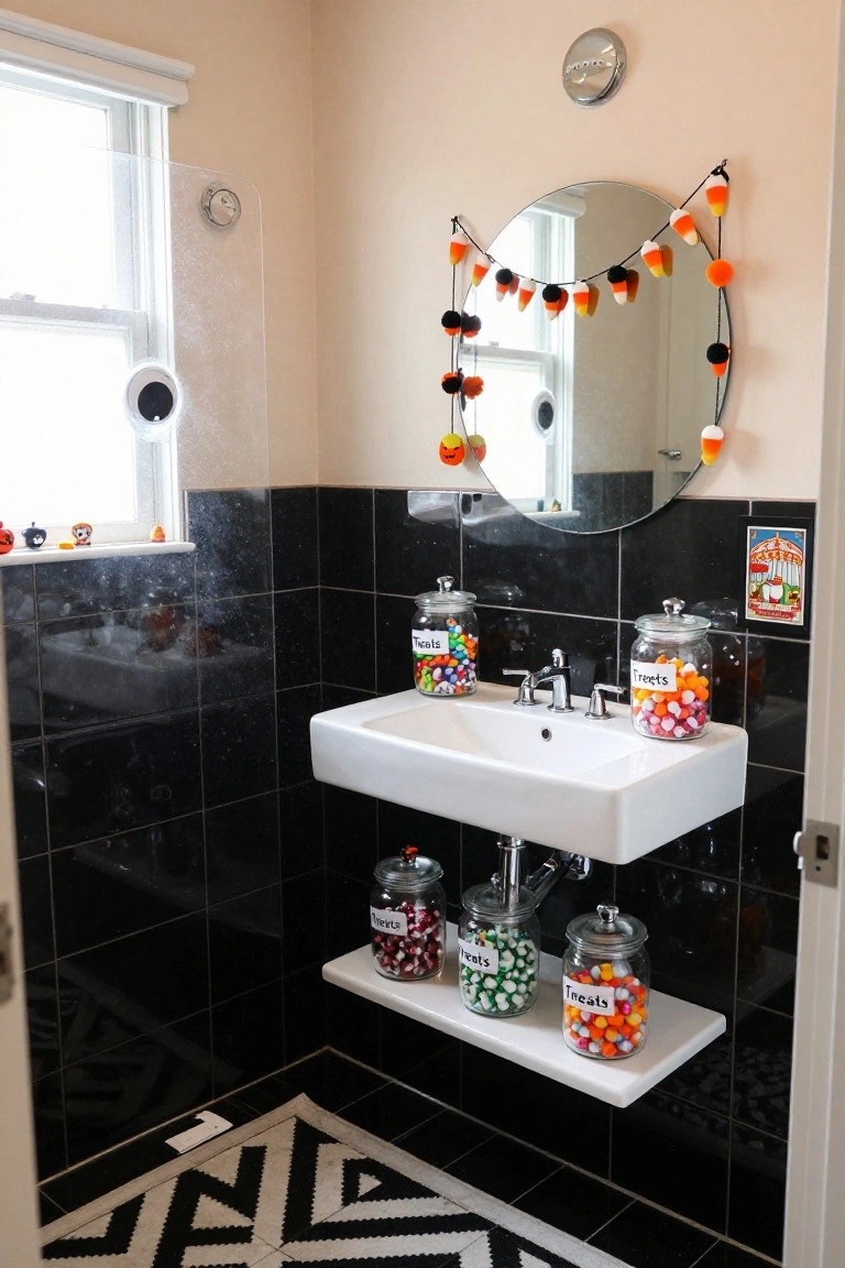 A small bathroom with black subway tiles, white sink, round mirror hung with candy corn garland, and a shelf below holding glass jars filled with Halloween candies labeled Tricks and Treats.