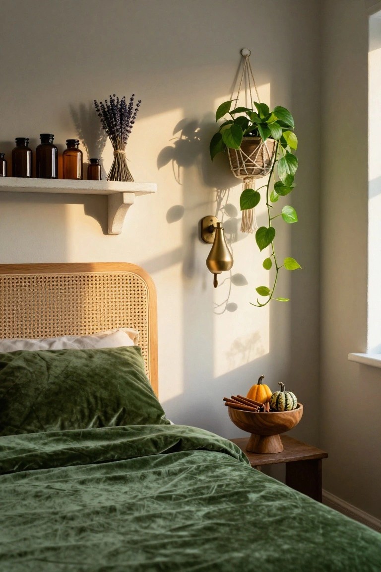 Bedroom corner with rattan headboard bed draped in green velvet bedding, floating white shelf holding brown glass jars and dried lavender bundle, hanging macrame pothos plant, brass wall lamp, and bedside wooden table with bowl of mini pumpkins and cinnamon sticks.