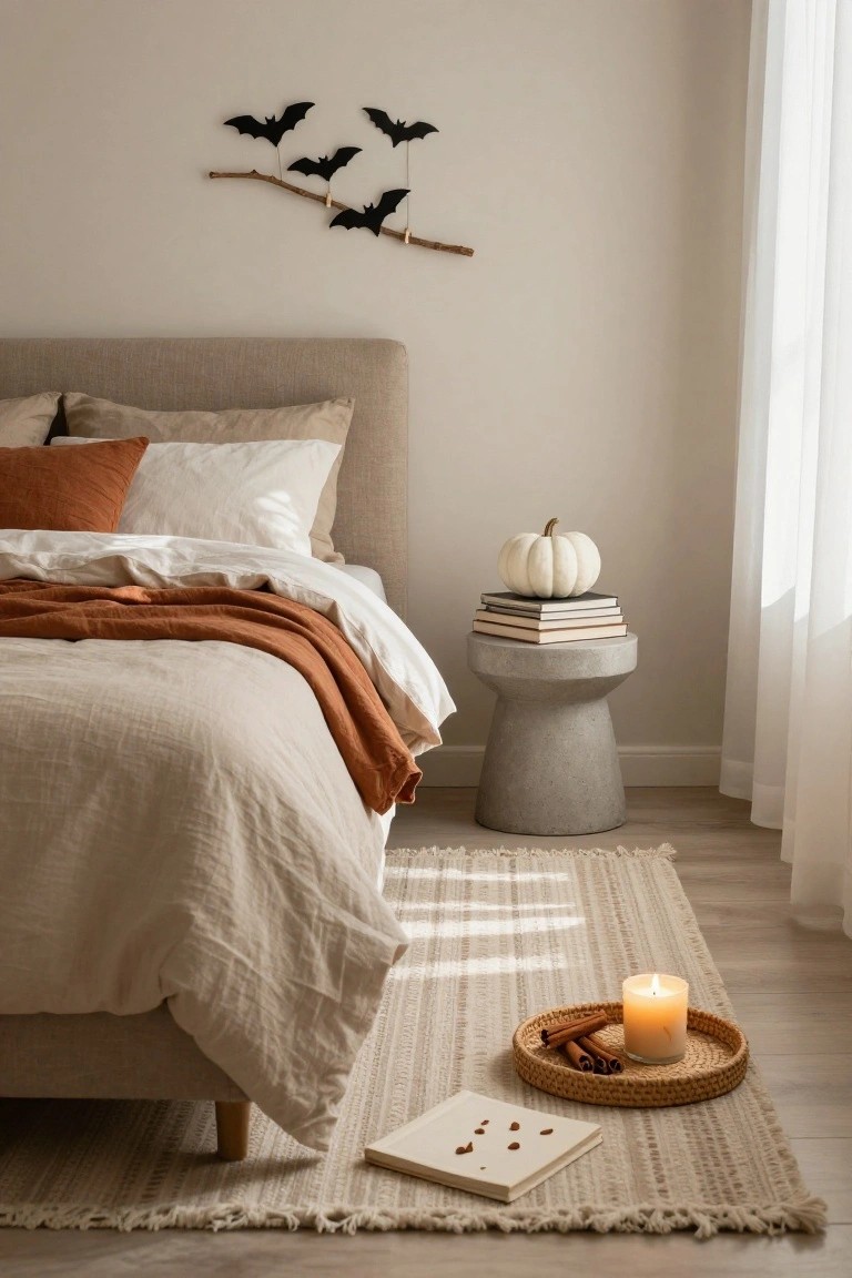 Neutral bedroom with beige bed and terracotta throw, concrete nightstand topped with books and white pumpkin, black paper bats clipped to a branch on the wall, candle in cinnamon tray on seagrass rug.