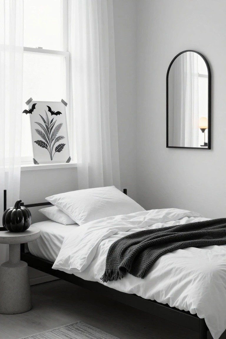 A minimalist bedroom with light gray walls, sheer white curtains on a window, black bat and leaf silhouette artwork taped to the windowsill, an arched black mirror, white bedding on a black metal bed frame, a gray knit throw, concrete nightstand with black pumpkin, and wood floor with rug.