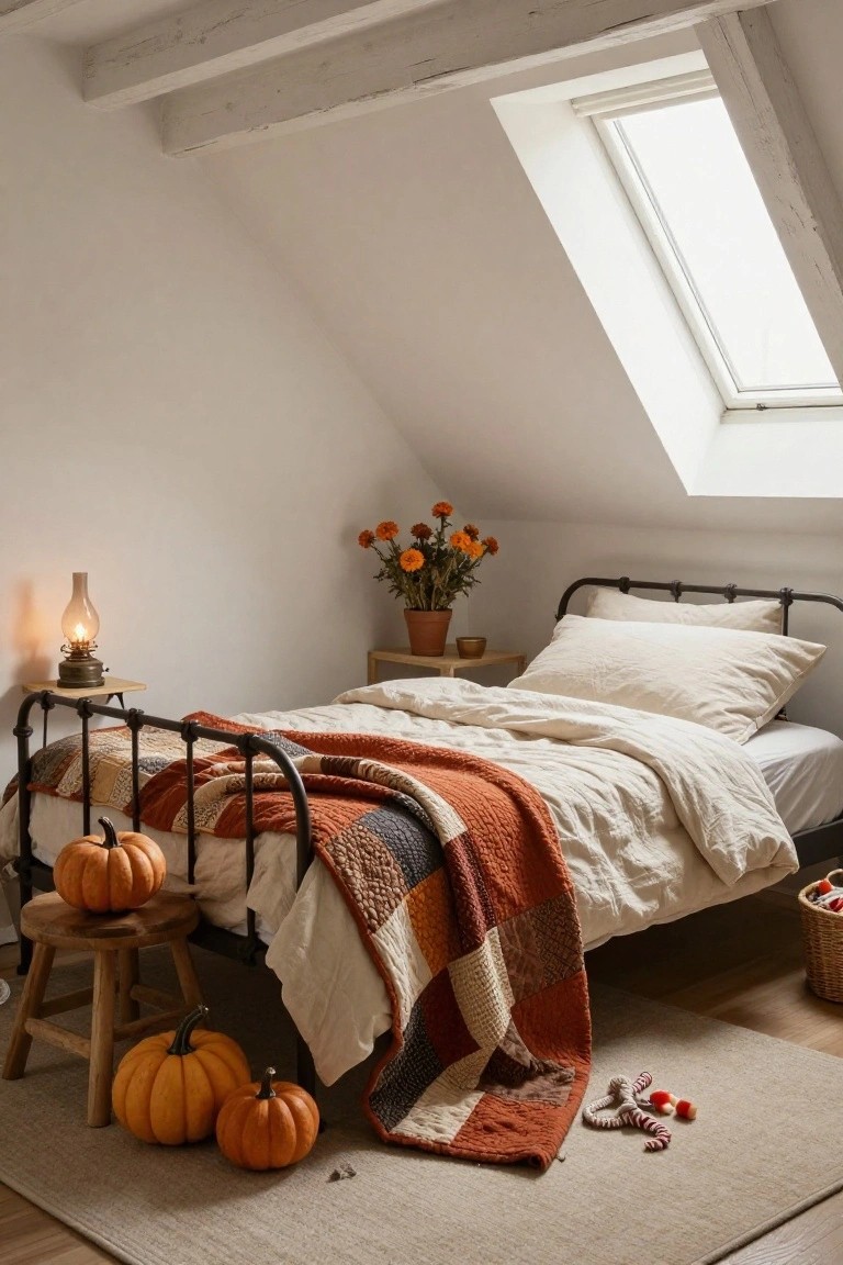Attic bedroom with white sloped ceiling and skylight, black metal bed covered in white linens and orange patchwork quilt, two small pumpkins on wooden stool beside bed, potted orange flowers on shelf, brass lantern on side table, beige rug on wood floor.