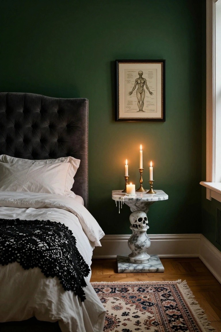 A bedroom corner with dark green walls, a gray tufted upholstered bed with white sheets and black lace throw, a white marble skull pedestal table topped with brass candelabras holding lit white candles, and a framed anatomical figure print on the wall beside a window.