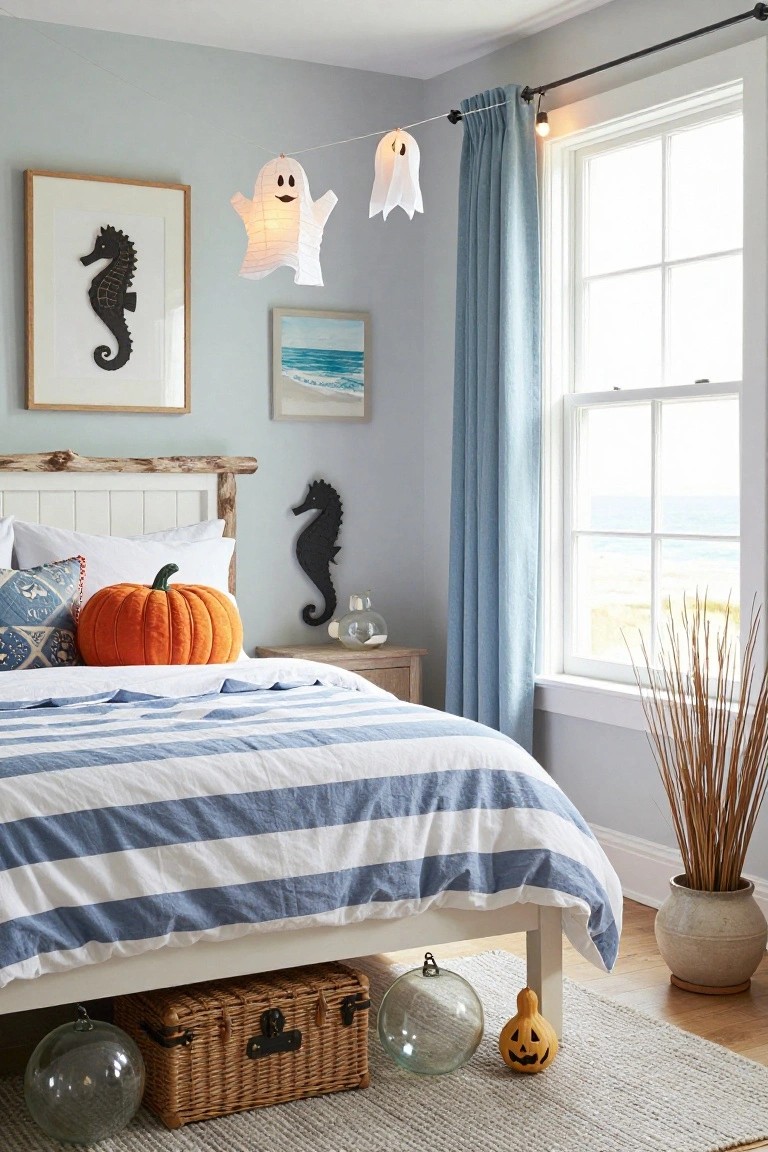 Light gray bedroom with white wood bed frame, striped bedding, pumpkin pillow, seahorse wall art, ghost lantern garland over blue curtains, ocean view window, glass pumpkins and basket under bed.