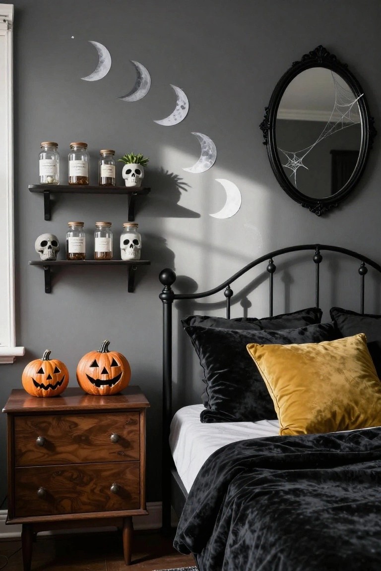 Gray bedroom with black metal bed frame and velvet pillows, floating black shelves holding glass jars, faux skulls, and a potted plant, paper crescent moons on the wall, ornate mirror with spider webs, and two carved pumpkins on a wooden nightstand.
