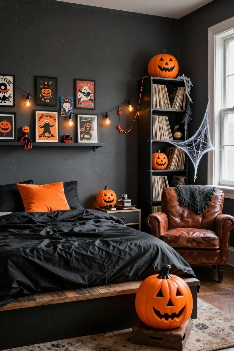 A corner of a dark gray bedroom decorated for Halloween with orange carved pumpkins on shelves and floor, spooky posters and art on walls, string lights, black bookshelves filled with records, a leather armchair, and a black bed with orange pillows.