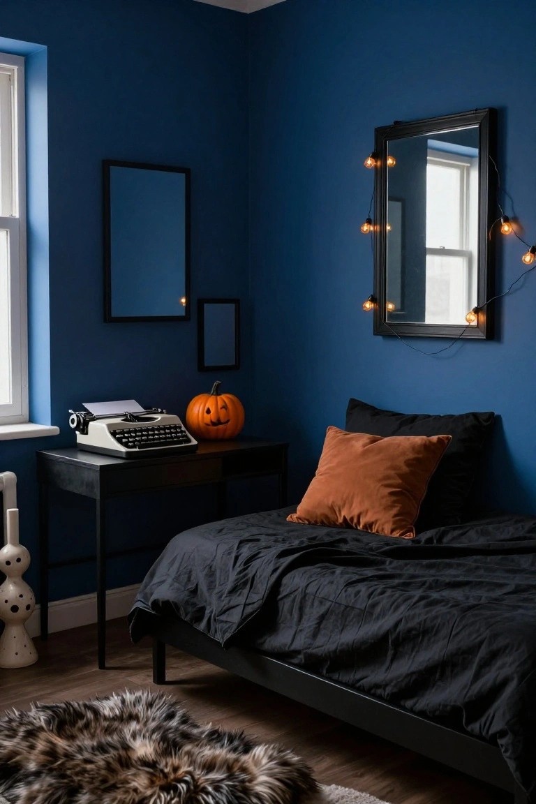 Bedroom corner with navy blue walls, black metal bed draped in black bedding and topped with an orange pillow, black desk holding a white typewriter and carved orange pumpkin, black-framed mirror strung with bulb lights, white polka-dot vase, and shaggy rug on wood floor.