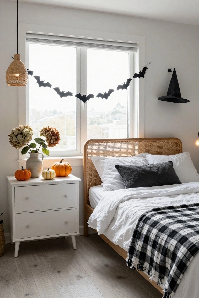 Cozy white bedroom corner with rattan headboard bed draped in white linens and black plaid throw, nightstand holding small white and orange pumpkins plus dried hydrangeas in a vase, black paper bat garland across window blinds, black witch hat on wall.