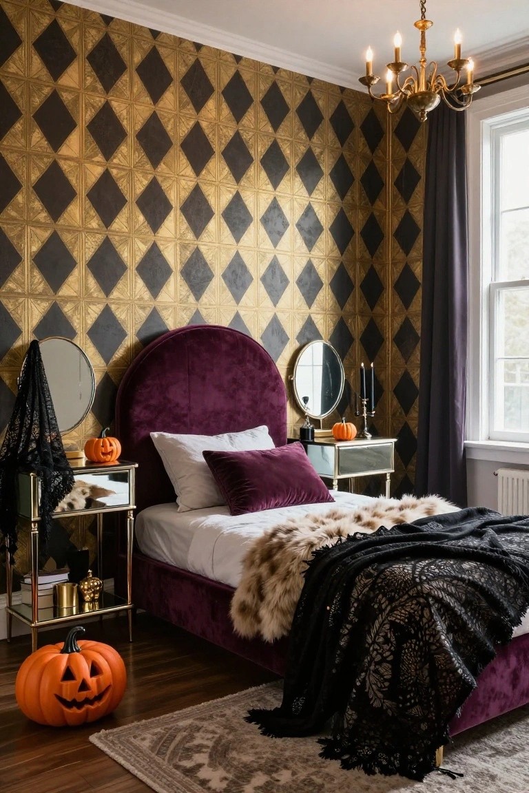 Halloween-themed bedroom with black and gold harlequin wallpaper, purple velvet bed with arched headboard, black lace drapery, fur throw, gold side tables holding pumpkins, and a carved jack-o-lantern on the wood floor.
