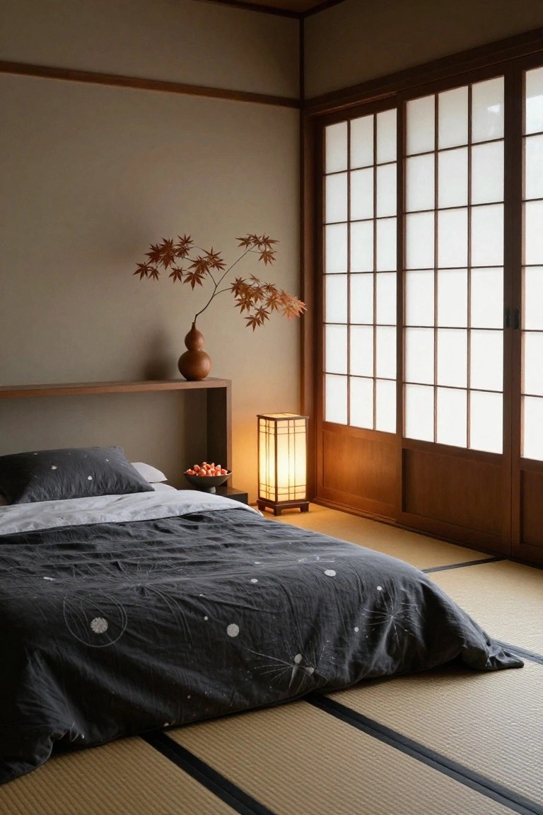 Japanese-style bedroom with tatami mat floor, low futon bed covered in black duvet with white star patterns, brown vase of red maple branches on wooden shelf above bed, lit paper lantern, bowl of red persimmons beside it, and shoji screen windows.