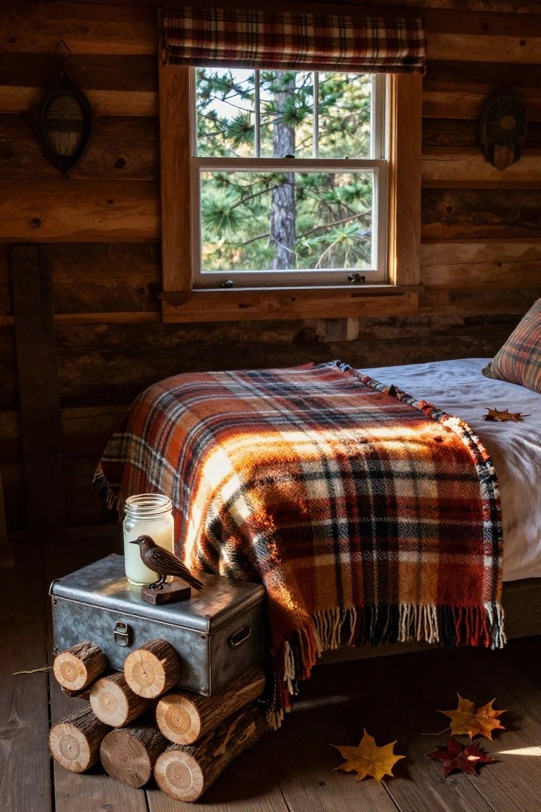 Log cabin bedroom with wooden walls and floor, bed draped in orange plaid wool blanket over white sheets and plaid pillows, metal box holding mason jar candle and bird figurine beside stacked firewood logs, fall leaves on floor, window showing pine trees outside.