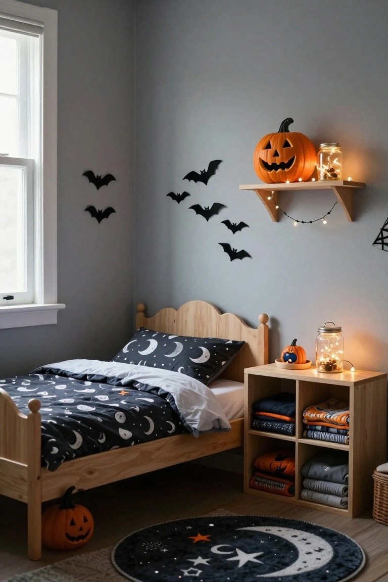 A gray child's bedroom with wooden bed and moon-star bedding, orange Halloween pumpkins on floor and shelf, black bat wall decals, fairy light shelves with jars and books, and black starry area rug.