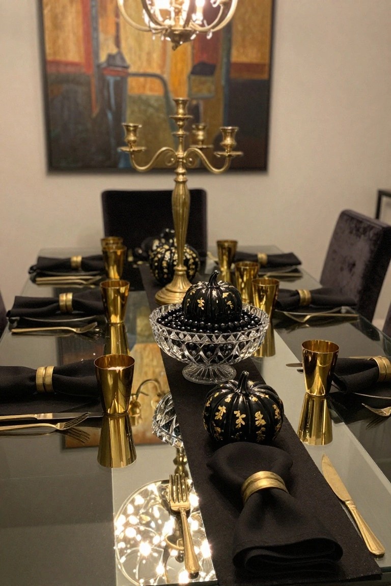 A formal dining table decorated for Halloween featuring black pumpkins with gold accents, gold-rimmed glassware, black napkins with gold rings, metallic flatware, and gold candelabras on a reflective glass surface.
