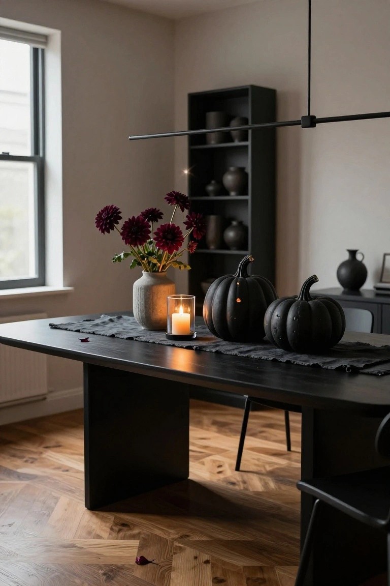 Dining table centered with two black pumpkins, a lit glass candle, and black runner, next to a vase of dark red dahlias in a room with black shelving and wooden floors.