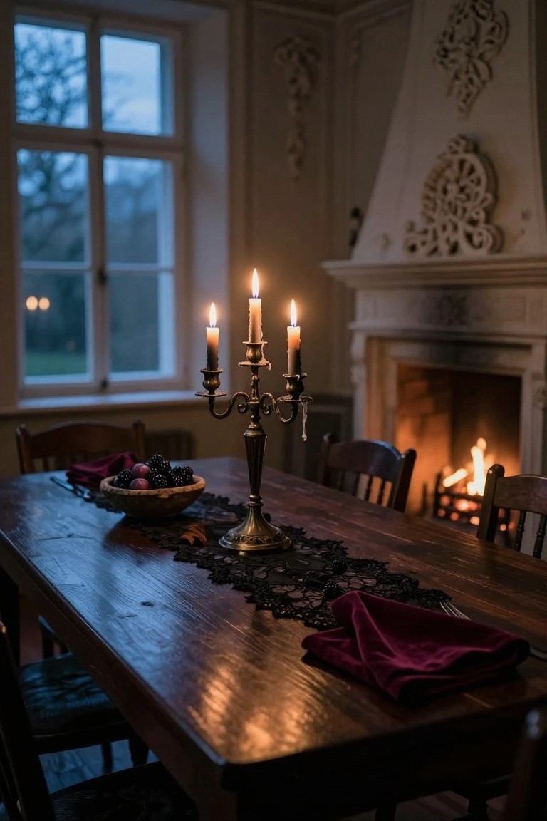 Wooden dining table in a cream-walled room with brass candelabra holding four lit candles as centerpiece, bowl of dark berries, black lace runner, red napkin and fork, wooden chairs, fireplace glowing in background, large window showing twilight outdoors.