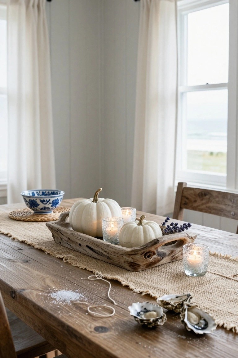 Dining table with burlap runner holding a driftwood tray of white pumpkins and glass candles, plus oyster shells and sea salt grains, blue and white bowl, and wooden chair by window with white curtains and ocean view.