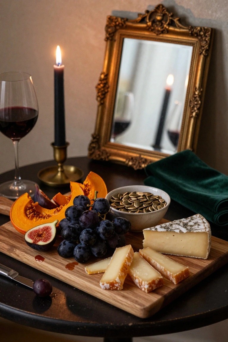 Wooden cutting board on a dark round table displays sliced white and soft cheeses, halved figs, clusters of purple grapes, orange pumpkin pieces, and a bowl of seeds, accompanied by a red wine glass, black candle on brass holder, knife, and gold-framed mirror in the background.
